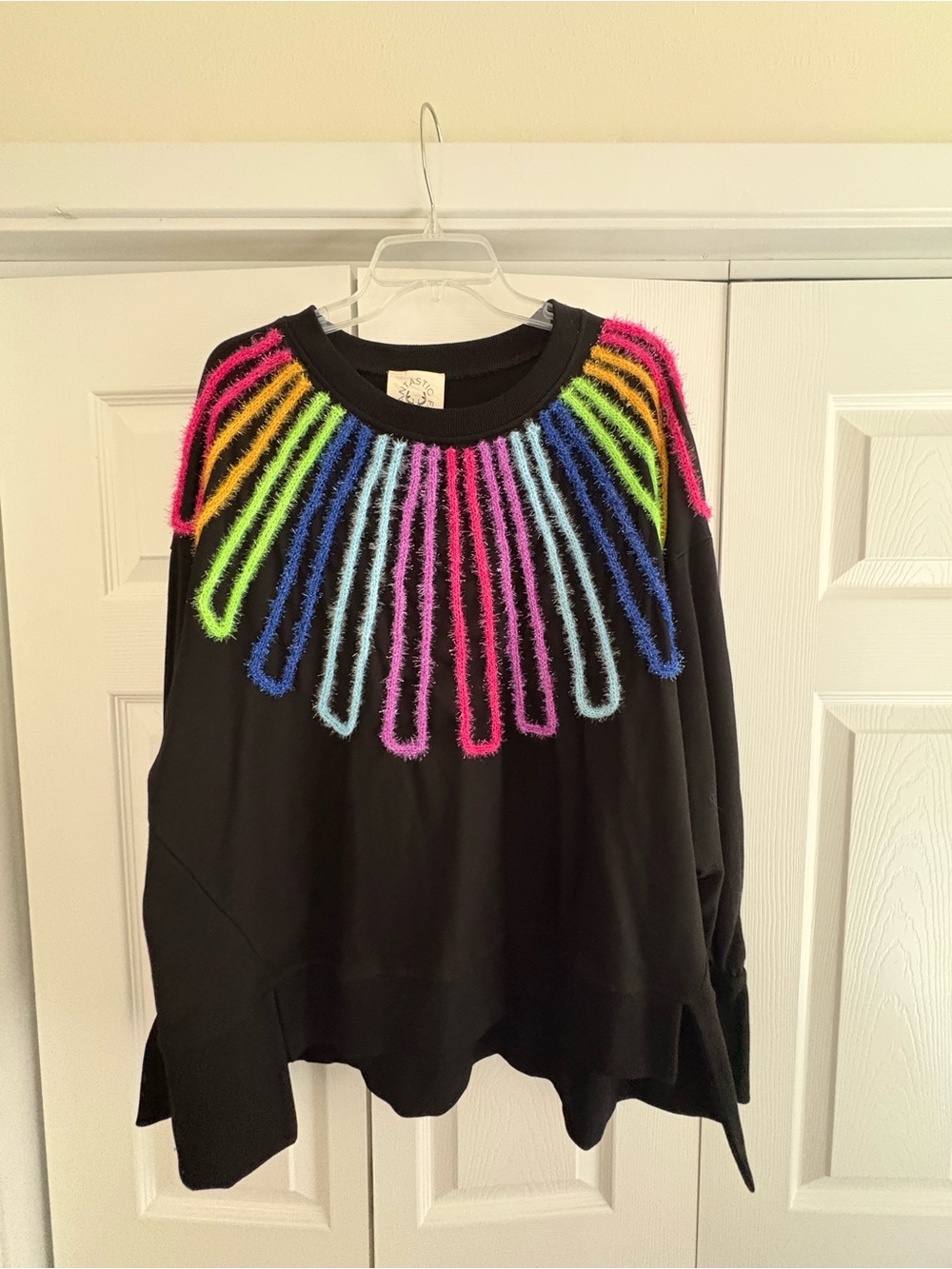 Fantastic Fawn Black Sweater With Multicolored Accents. NWT. Size M
